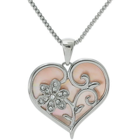 Connections From Hallmark Stainless Steel Mother of Pearl Heart with Crystal Flower Pendant with Chain