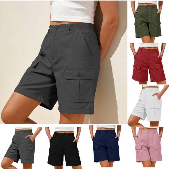 LEKWK Cargo Shorts Women Knee Length High Waist Wide Leg Shorts Loose Fit Stretchy Quick Dry Long Shorts Multi-Pockets Summer Fashion Casual Shorts