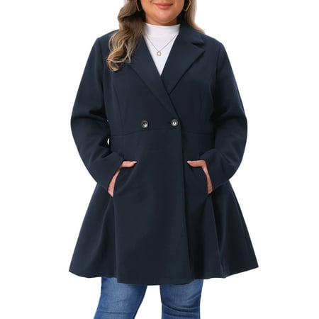 Agnes Orinda Women's Plus Size Coat A Line Notched Lapel Double Breasted Long Peacoat with Pockets 4X Dark Blue