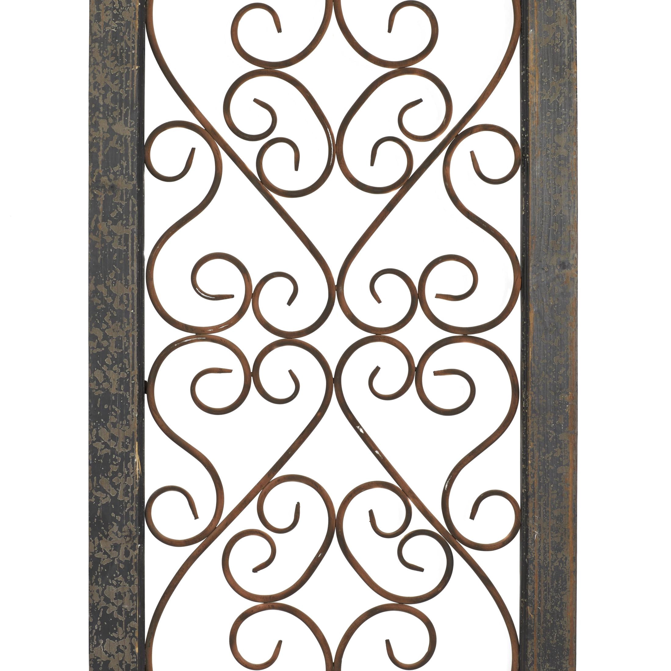 DecMode Brown Wood Scroll Window Inspired Panel Home Wall Decor with Copper Metal Scrollwork, 20" x 1" x 57"