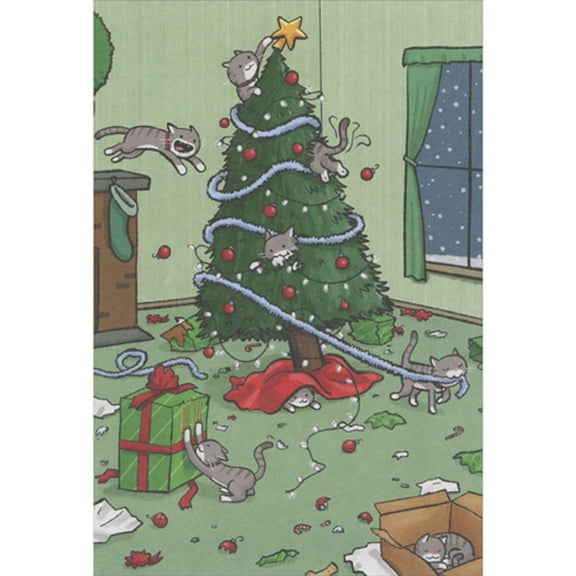 Recycled Paper Greetings Cats Playing and Destroying Tree, Decorations and Presents Humorous / Funny Christmas Card from the Cat