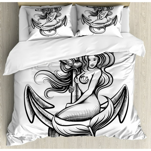 Anchor Duvet Cover Set King Size, Monochrome Long Haired Mermaid Motif Tattoo Art Design Ancient Greek Folklore, Decorative 3 Piece Bedding Set with 2 Pillow Shams, Black White, by Ambesonne