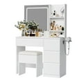 thumbnail image 4 of Ataucjin Vanity Desk with LED Mirror, Makeup Vanity Desk with 4 Drawers, Power Outlets, Storage Stool, Storage Shelves & Hair Dryer Holder , Adjustable 3 Lighting Modes, Makeup Vanity Set for Bedroom, 4 of 9