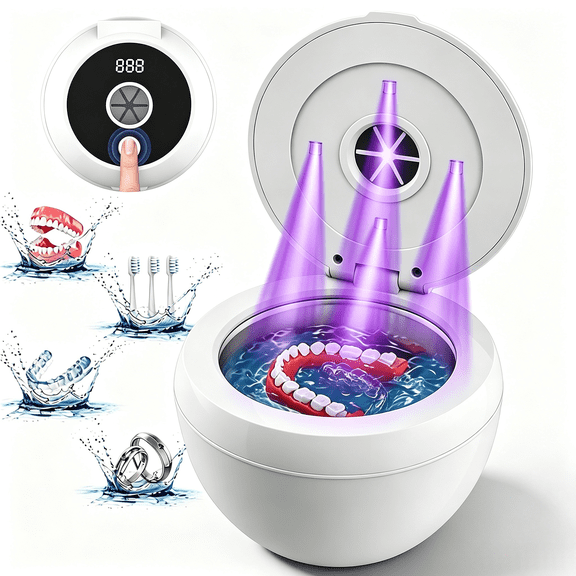 Ultrasonic Retainer Cleaner Machine with 4‑Pack UVC‑Light, 200ml Portable Cleaning Pod for Dentures, Mouth Guards, Aligners, Jewelry & Baby Pacifiers