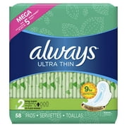 Always Ultra Thin Super Pads with Wings, Unscented, Size 2, 58 Ct