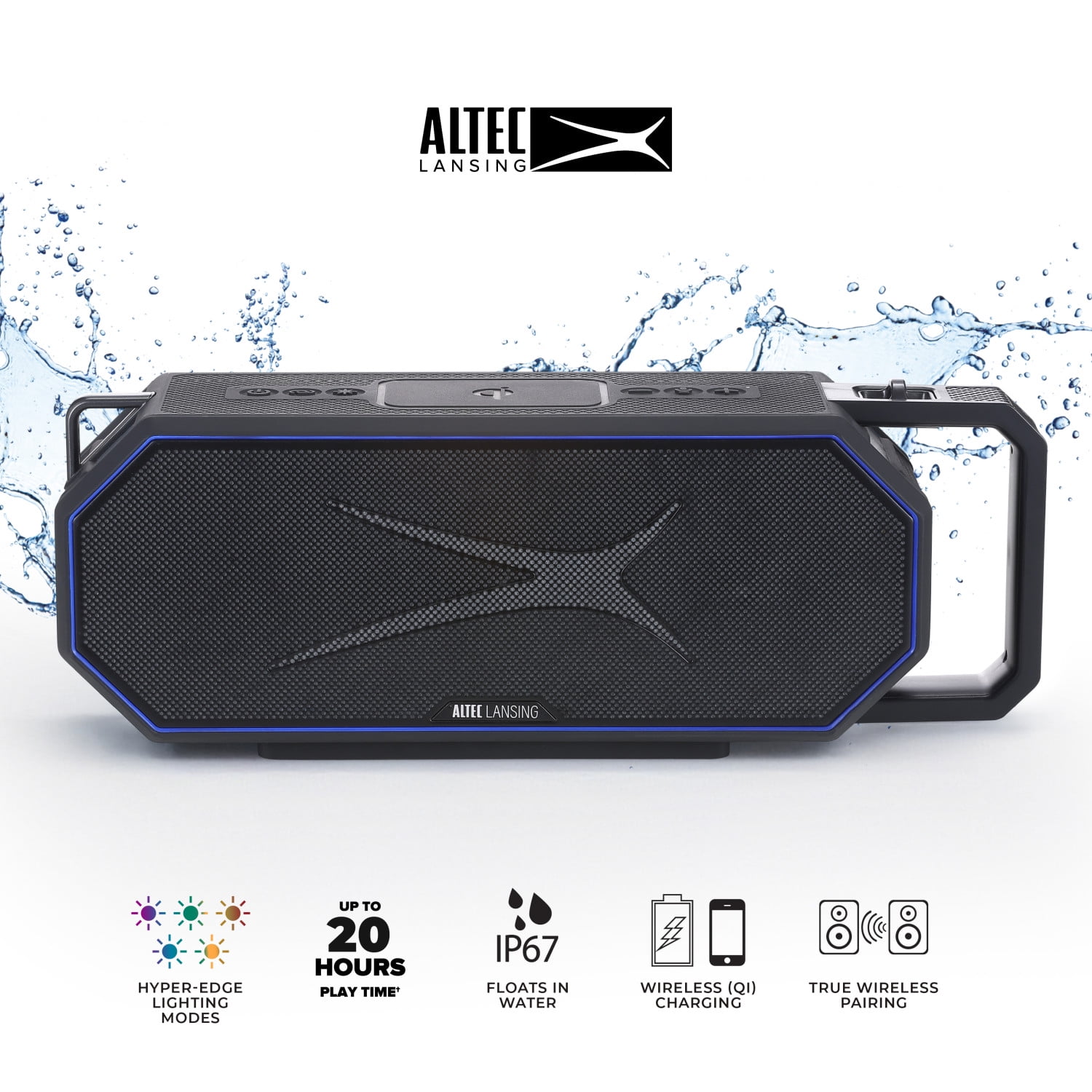 Altec Lansing HydraShock 2.0 EverythingProof™ Bluetooth Speaker, 20H Playtime, HyperEdge LED, Qi Wireless Charging, IP67 Waterproof, Party Sync, USB-C Fast Charge