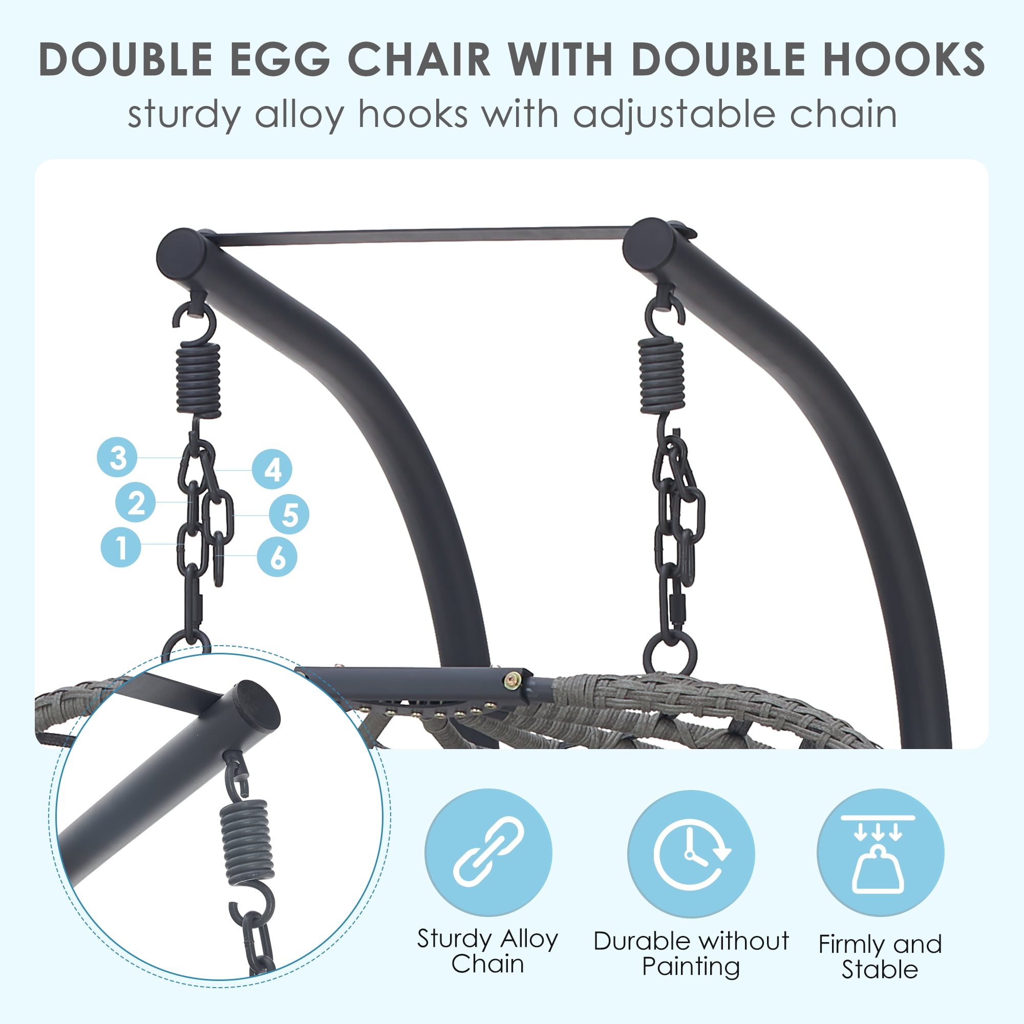 Brafab Double Wicker Swing Egg Chair Hammock Foldable Hanging Loveseat with Stand and Removable Fluffy Cushions, 450LBS Capacity for Bedroom, Balcony, Yard, Dark Grey
