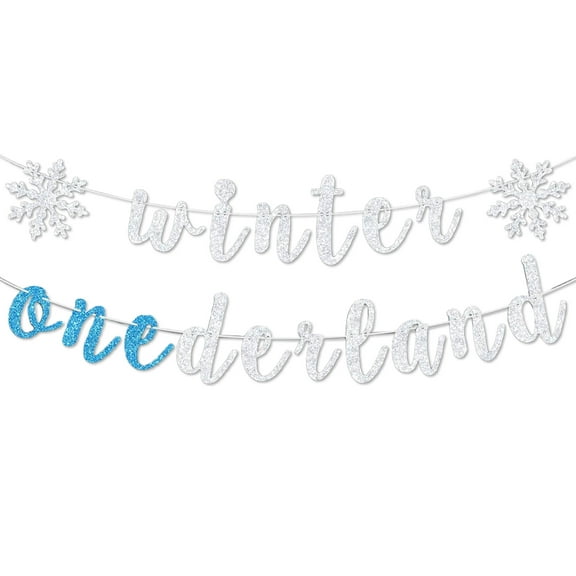 Winter Onederland Banner - Silver & Blue Sparkle Letter Decor for Winter 1st Birthday Party Supplies 1PC