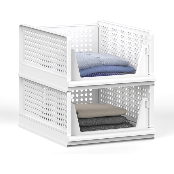 2 Pack Stackable Plastic Storage Basket, Folding Wardrobe Storage Box, Foldable Closet Organizers and Storage Bins,Push-pull Clothes Organizer Shelf for Bedroom Office(L,White)