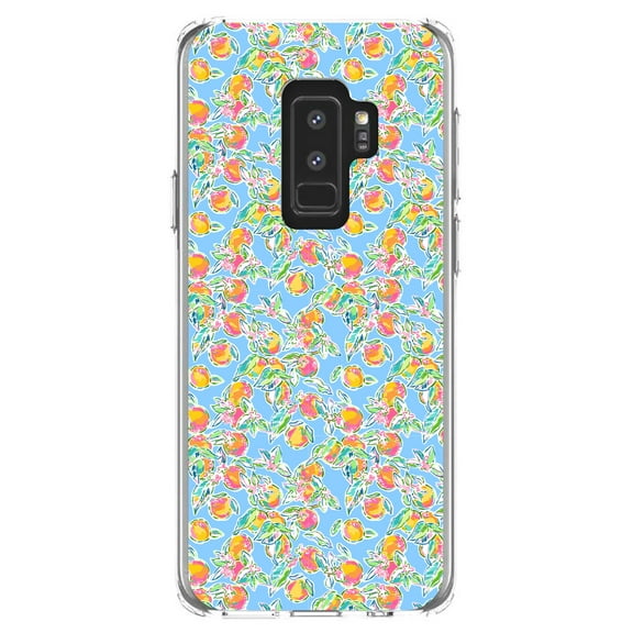DistinctInk Clear Shockproof Hybrid Case for Samsung Galaxy S9  PLUS (6.2" Screen) - TPU Bumper, Acrylic Back, Tempered Glass Screen Protector - Preppy Pattern - Orange & Blue Flowers Floral