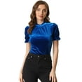 thumbnail image 1 of Camisa con cuello de volantes para mujer Blusa de terciopelo de manga corta Azul real M, 1 of 5