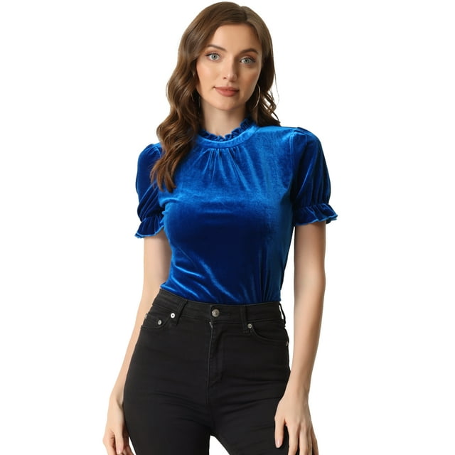 Camisa con cuello de volantes para mujer Blusa de terciopelo de manga corta Azul real XL
