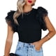 thumbnail image 3 of Camiseta de manga corta para mujer, cuello redondo, corte ajustado, costura de encaje, Top de verano para citas, compras, negro, L, 3 of 5