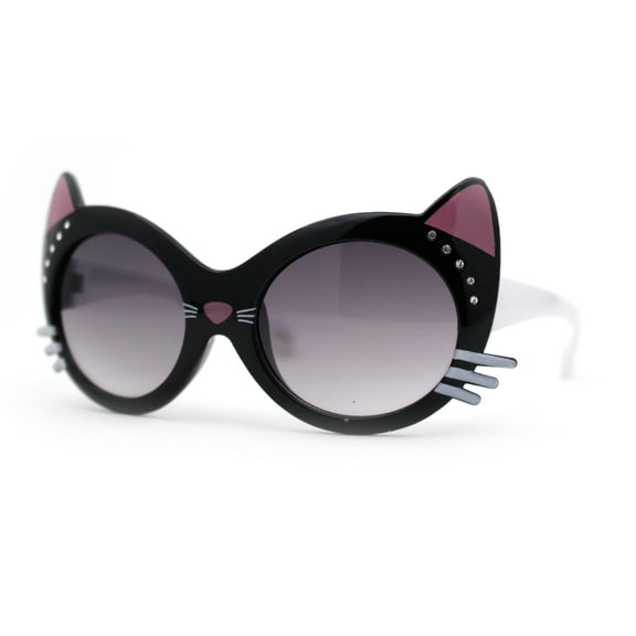 Girls Kids Size Kitty Cat Ear Whisker Round Plastic Sunglasses Black Smoke