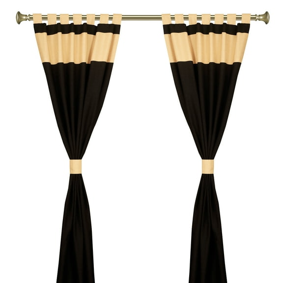 Black Gold Tab Top Raw Silk Curtain (43 in. x 63 in.) With Tieback -Pair