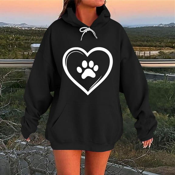 Fanxing Womens Plus Sweatshirts & Hoodies Cute Heart Graphic Oversized Hooded Sweatshirts Fall Winter Fashion Teen Girl Pullover Black 3XL