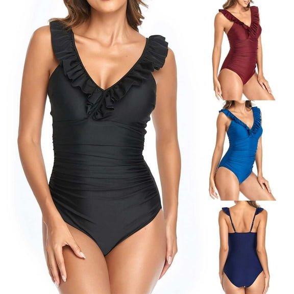 Elainilye Fashion Swimsuit One Piece Solid Color Printed Swimsuit Sexy One-piece Ruffled Jumpsuit Swimsuit,Blue