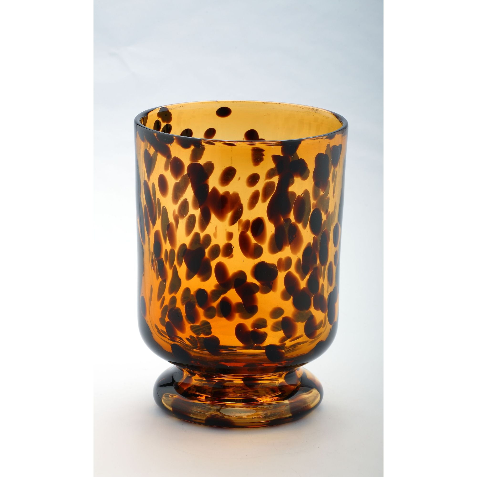 9.5" Amber and Black Leopard Hurricane Hand Blown Glass Vase