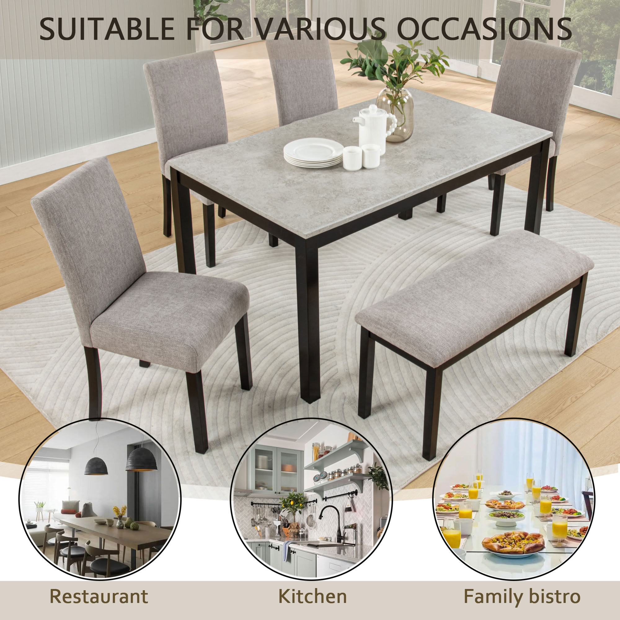 MAYEERTY 6-Piece Dining Table Set with Bench, for 4-6 Person Kitchen Dining Room Restaurant, Grey & Black