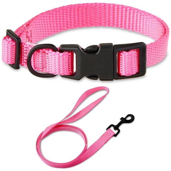 Vibrant Life Solid Polyester Adjustable Dog Collar, with 4ft Dog Leash, Pink, Small