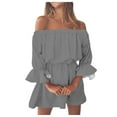 thumbnail image 1 of Mini vestido vintage con estampado, hombros descubiertos y mangas acampanadas para mujer: vestido informal y holgado de verano para la playa con diseño floral, tejido de poliéster, 1 of 5
