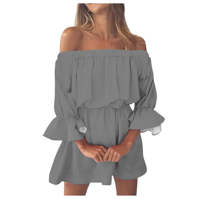 Mini vestido vintage con estampado, hombros descubiertos y mangas acampanadas para mujer: vestido informal y holgado de verano para la playa con diseño floral, tejido de poliéster