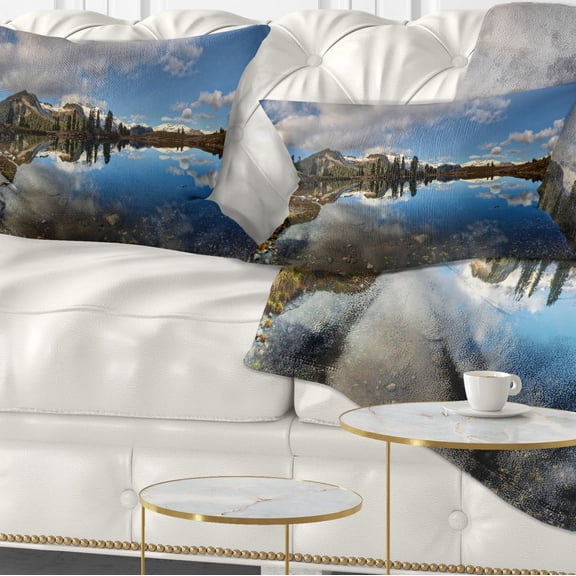 Designart Clear Lake with Pine Trees Panorama - Landscape Printed Throw Pillow - 12x20