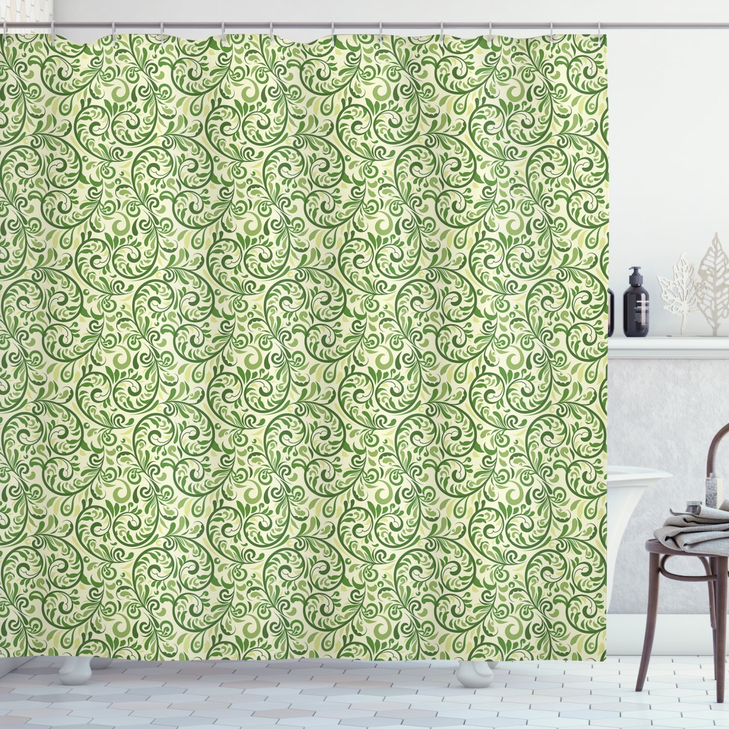 Ambesonne Green Shower Curtain, Curly Ornate Leaf Damask, 69"Wx84"L, Pale Green Fern Green