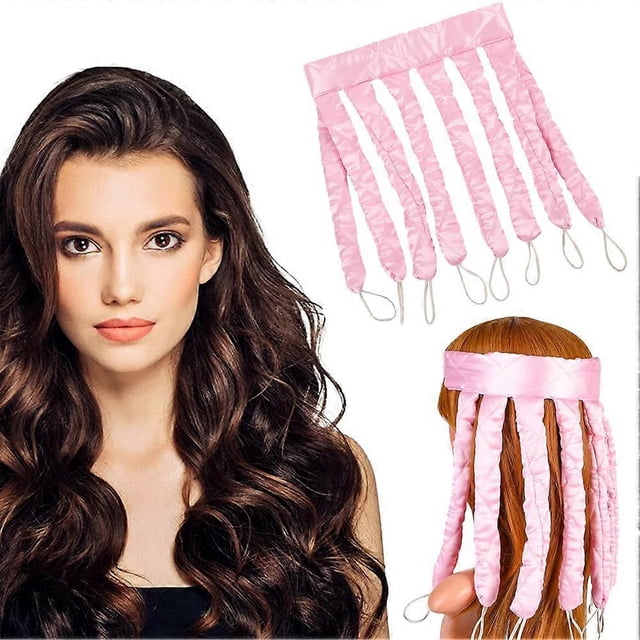 Rizadores de pelo sin calor para cabello largo, diadema de seda para rizar durante la noche con pinza, rulos de espuma rosa.