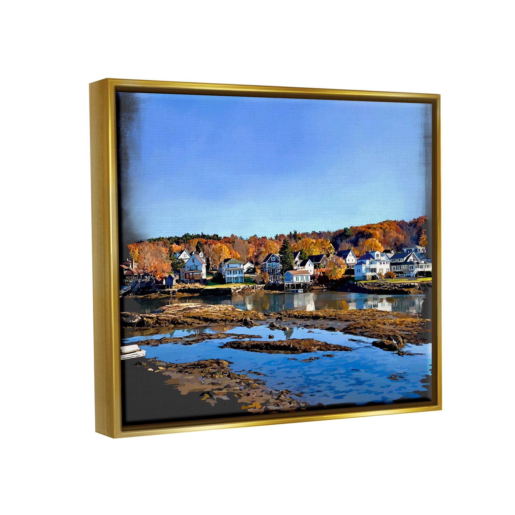 Stupell Industries Autumn Lakeside Foliage Scenery Coastal Photography Gold Floater Framed Art Print Wall Art