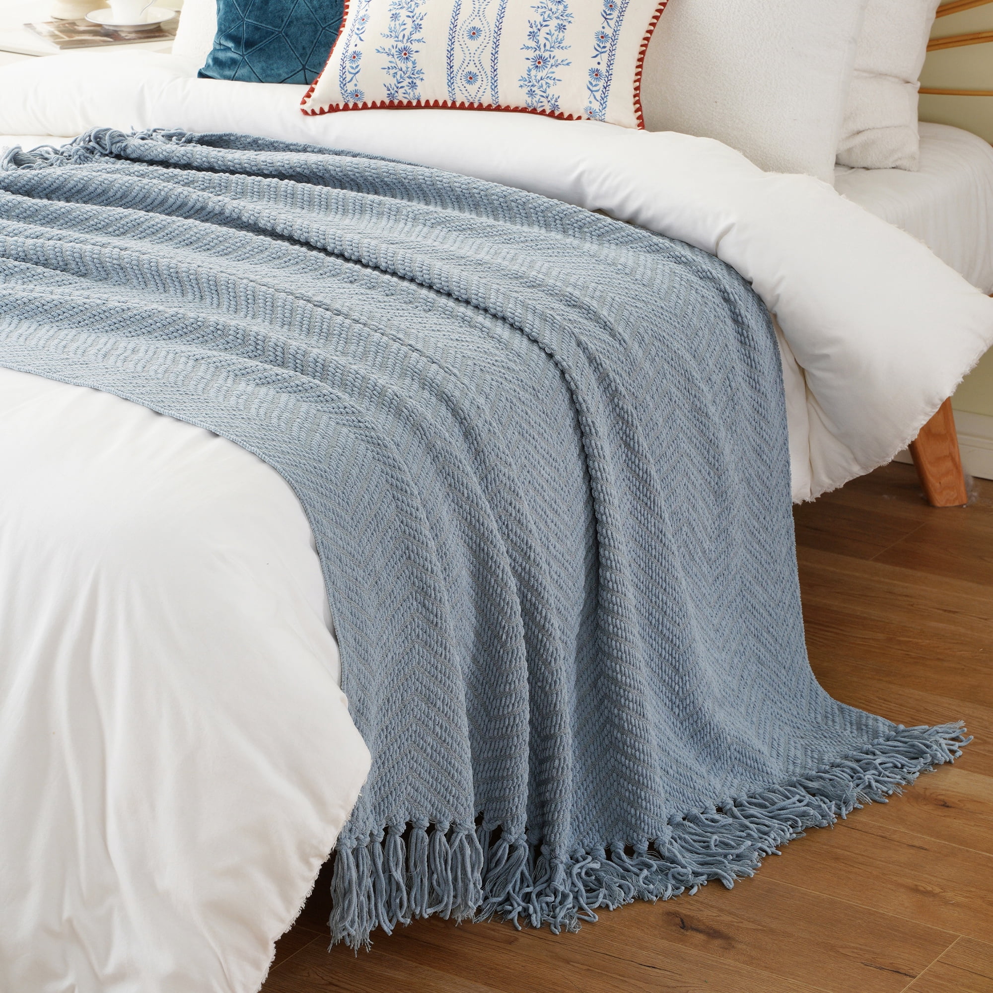 Battilo Bluish Grey Chenille Throw Blanket for Couch,Soft Knit Throws with Tassels for Living Room,50"x60"