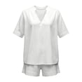 thumbnail image 4 of FINALGANG Womens Solid Color Two Piece Outfit V Neck Notch Collar Short Sleeve Top Elastic Waist Shorts Casual Matching Set For Summer Daily Wear Stylish Set, 4 of 4