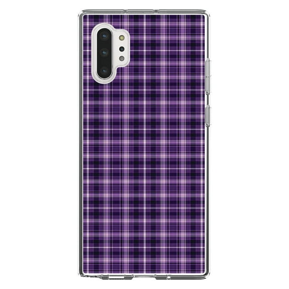 DistinctInk Clear Shockproof Hybrid Case for Galaxy Note 10 PLUS (6.8" Screen) - TPU Bumper, Acrylic Back, Tempered Glass Screen Protector - Purple Black Plaid