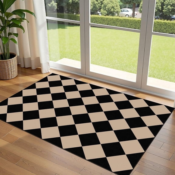 XIBUFE Black Tan Checkered Entry Rug - 3X5 Non-Slip Indoor Outdoor Rugs | Washable Front Door Mat Porch Rug Geometric Diamond Throw Rugs for Bedroom Entryway Kitchen Office Fall Front Porch Decor