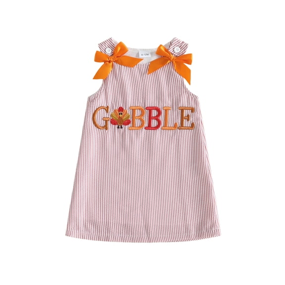 Toddler Baby Girls Thanksgiving Outfit Sleeveless Turkey/Rolls Embroidery Tank Dress Bowknot A-line Striped Dress Cute Fall Clothes