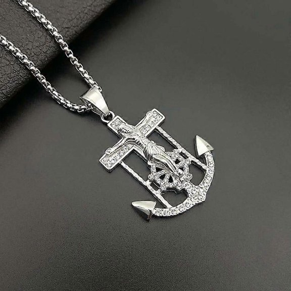 Hip Hop Bling Iced Out Stainless Steel Inri Crucifix Jesus Anchor Rudder Pendants Neckalce For Men Rapper Jewelry