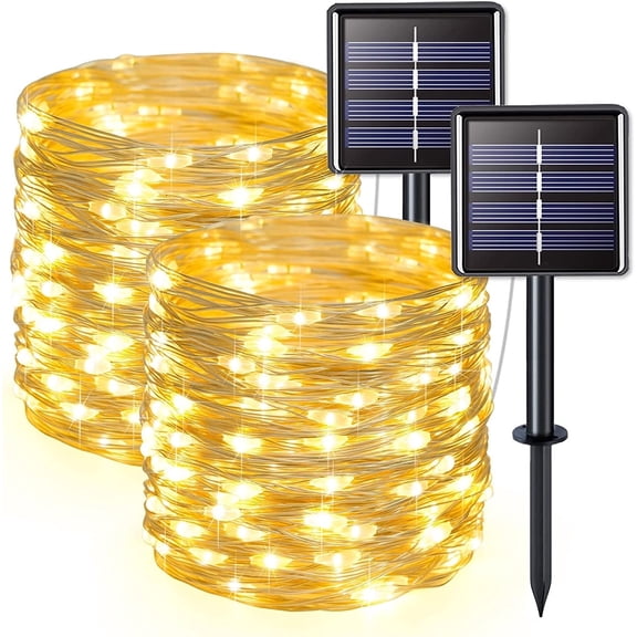 GHODEC 2 Pack Each 100 LED Solar String Lights Outdoor Waterproof, Each 33ft Solar Fairy Lights with 8 Modes, Copper Wire Warm White Solar Lights for Camping Garden Patio Wedding Party Decoration