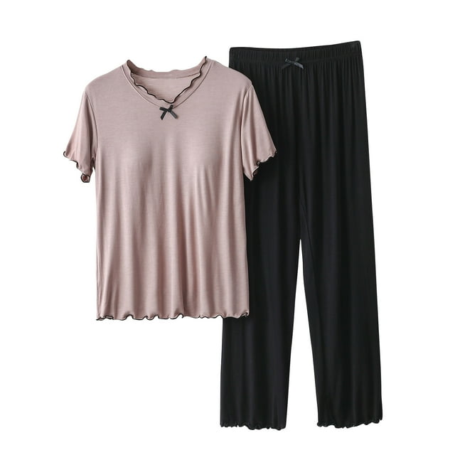 AherBiu Pyjama pour Femmes Ensemble Haut à Volants à Manches Courtes avec Soutien-Gorge Intégré Pantalon de Pyjama Long Tenue de Nuit Tenue d'Intérieur
