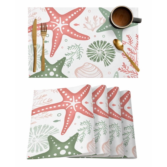 Red Sage Green Starfish Coastal Placemats Set of 4, Beach Nautical Coral Sea Placemats for Dining Table, Place Mats for Kitchen Tabletop, Waterproof Wipeable Dining Table Mats Set