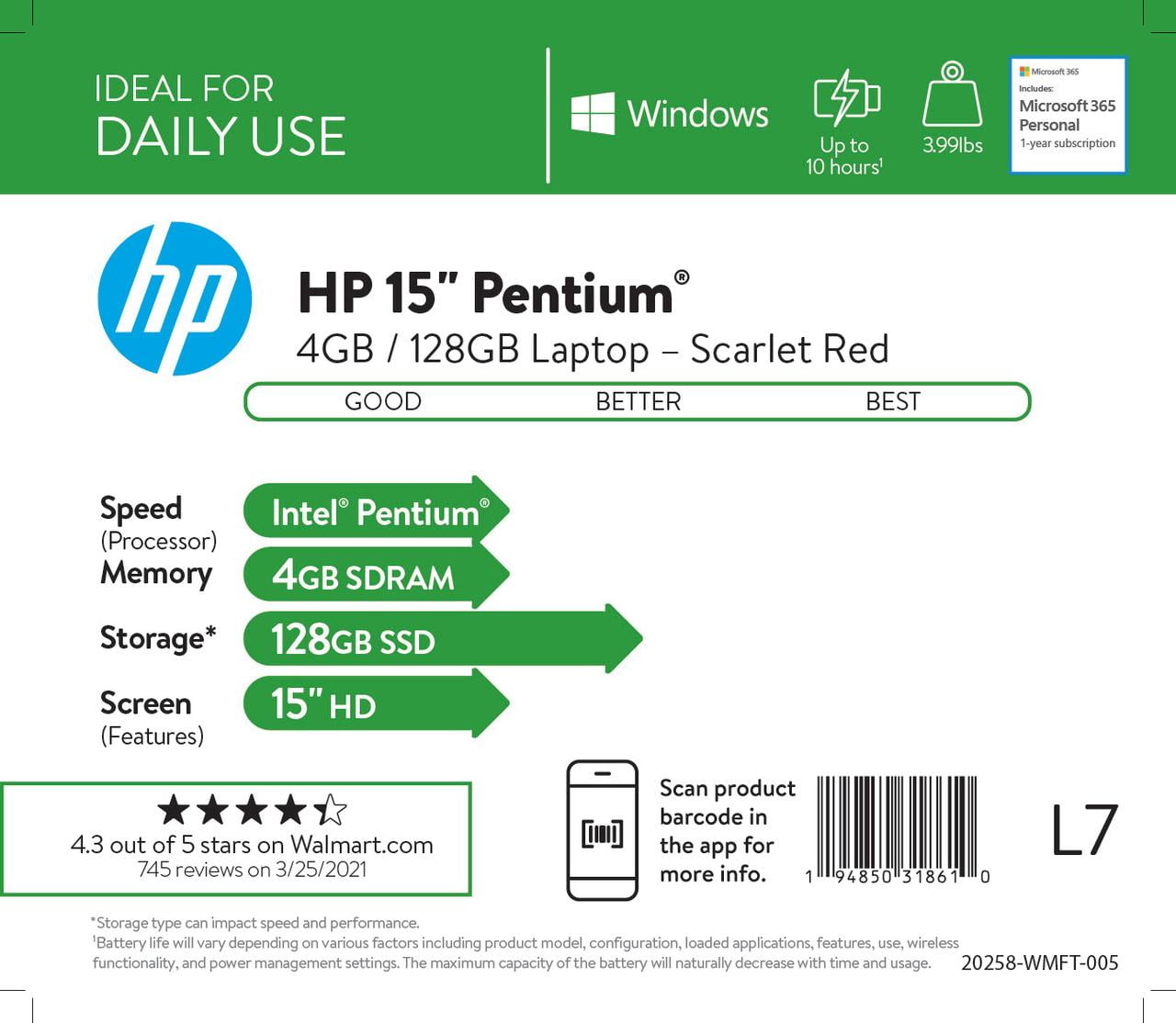 HP 15.6 inch, Laptop Intel Pentium Processor 4GB Ram, 128GB Ufs, Scarlet Red, Windows 11, 15-fd0083wm