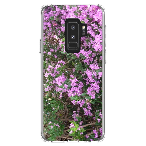 DistinctInk Clear Shockproof Hybrid Case for Samsung Galaxy S9  PLUS (6.2" Screen) - TPU Bumper, Acrylic Back, Tempered Glass Screen Protector - Purple Flowers Mykonos Greece