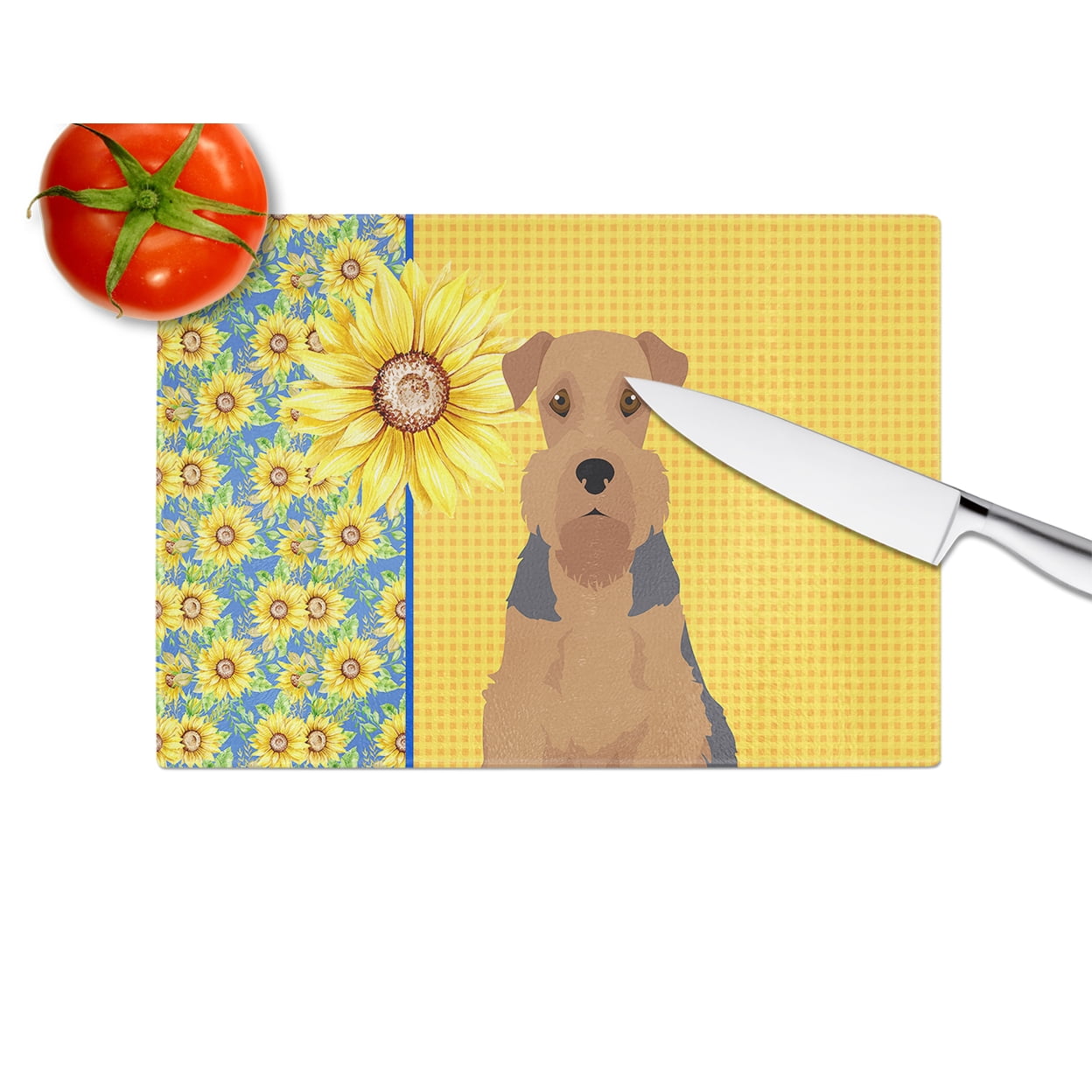 Summer Sunflowers Grizzle and Tan Airedale Terrier Glass Cutting Board Large 12 in x 15 in