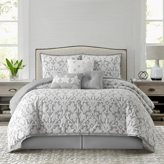 Grand Avenue 7 Piece White Grey Comforter Set, Queen Size Jacquard Bedding Set, All Season Floral Leaves Bedding, Matching Pillows, Shams, Bed Skirt