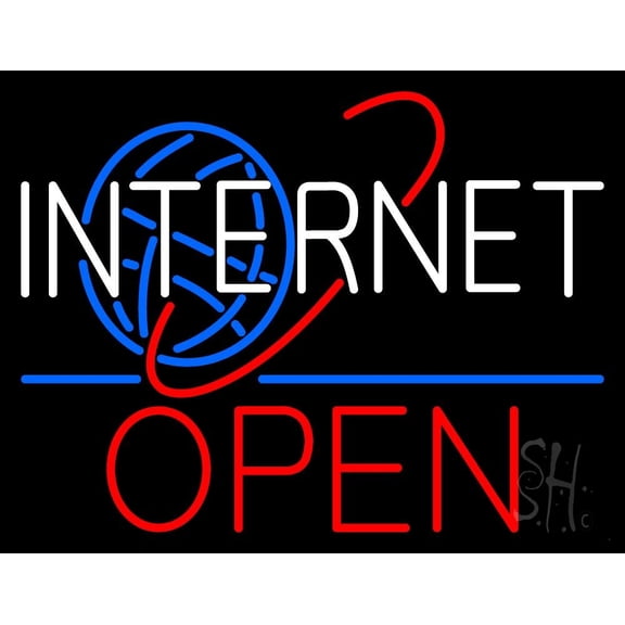 Blue Internet Open LED Neon Sign 24 x 31 - inches, Clear Edge Cut Acrylic Backing, with Dimmer - Bright and Premium built indoor LED Neon Sign for Computer & Electronics store decor.