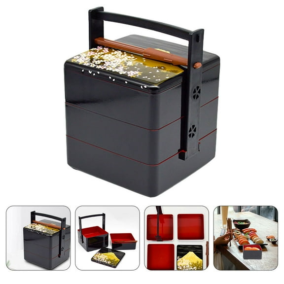 STRANDCHIC 1Set Picnic Bento Box Black ABS Material Three Layer Sealed Food Storage Container