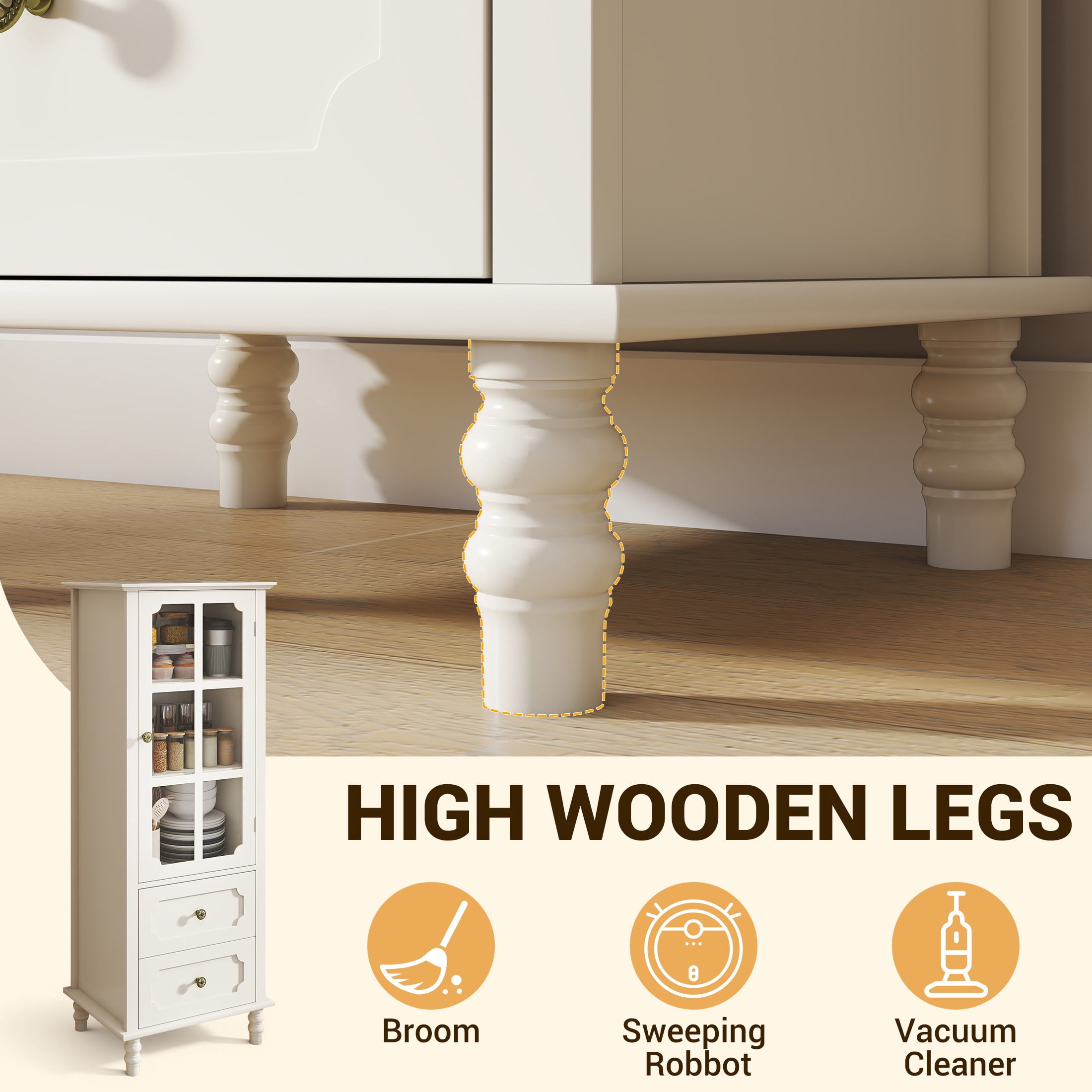 SESSLIFE Small Pantry Cabinet with Glass Door and 2 Drawers, Freestanding Storage Cabinet with Adjustable Shelves for Kitchen, Dining Room, Coffee Bar and Small Spaces, White