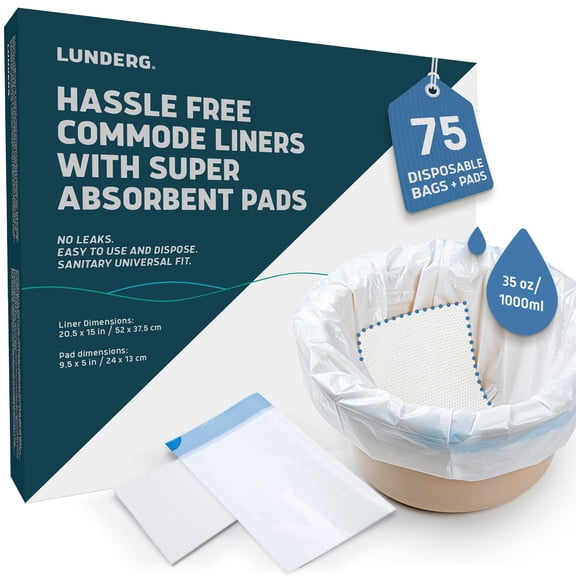 Lunderg Commode Liners with Absorbent Pads - Value Pack Medical Grade 75 Count Universal Fit - Disposable Bedside Commode Liners and Pads for Adult Commode Chairs, Portable & Camping Toilet Bags