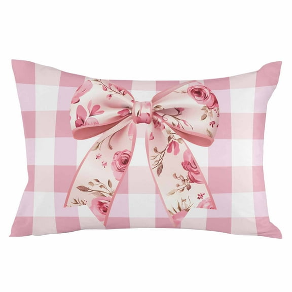 Pink Floral Print Throw Pillow Cover 16 x 24 Inch Decorative Pillow Cover Checkered Bow Rose Flower Gingham Lumbar Pillowcase Seasonal Rectangle Cushion Case for Couch Sofa Bed Living Room