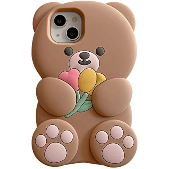 Kawaii Phone Cases Apply to iPhone 14 Pro Max,Cute Cartoon Bear Phone Case with Flower Teddy Bear Brown Phone Case 3D iPhone 14 Pro Max Case Soft Silicone Shockproof Cover for Women Girls