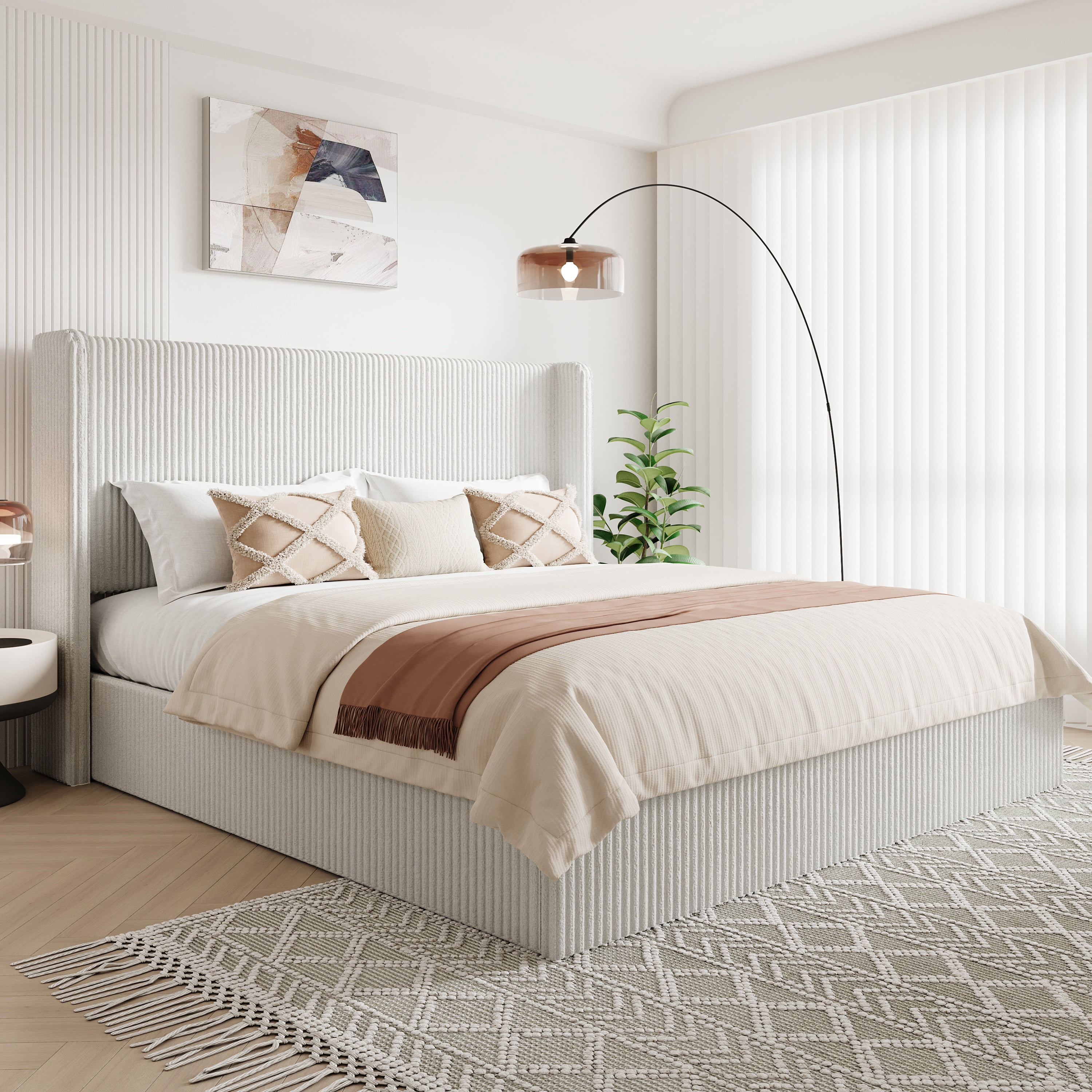 Allewie King Lift-Up Storage Bed Frame with Modern Wingback Headboard, Corduroy Upholstered Platform Bed, Hydraulic Gas Lift Support, Underbed Storage, Wooden Slats, No Box Spring Needed, White
